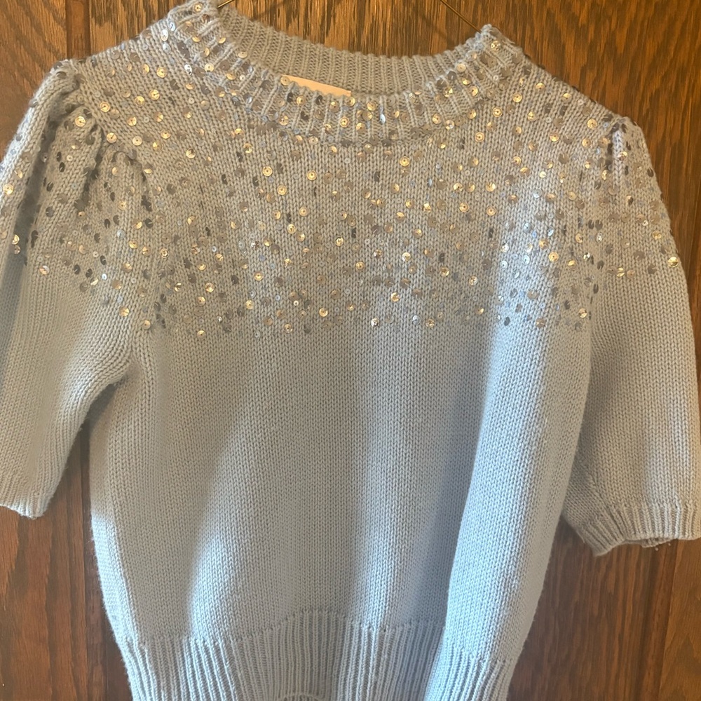 Cinq à Sept sky blue puff sleeve Sweater with Metallic Sequin studding.